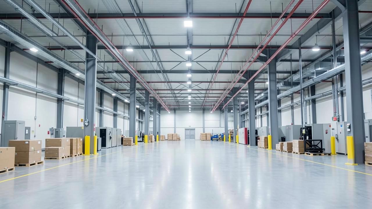 Interior de galpão logístico com iluminação em altura e infraestrutura elétrica aparente