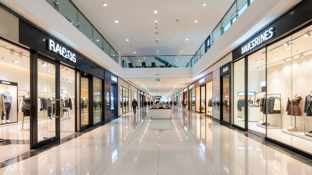 Corredor de shopping center com lojas iluminadas e climatização em operação