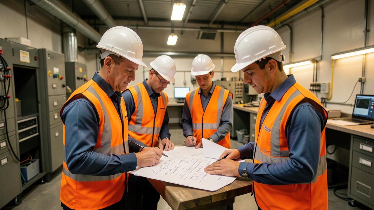 Equipe de engenharia da Álamo analisando o plano de manutenção em sala técnica