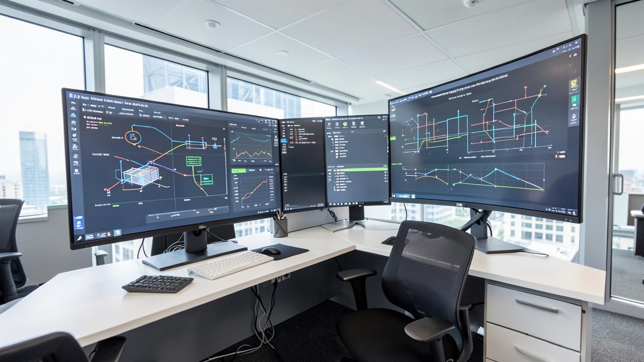 Sala de monitoramento predial com painéis de indicadores de HVAC e energia